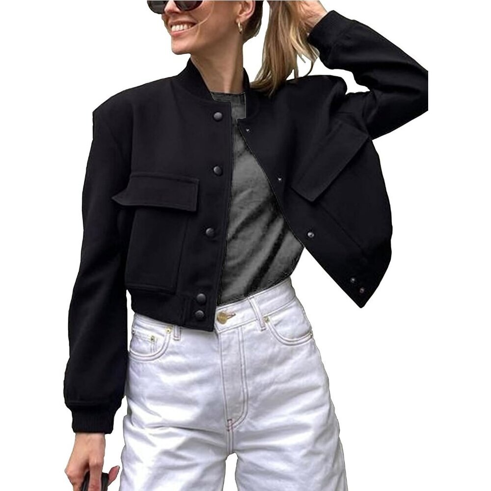 Women's Fashion Button Down Bomber Black Jacket Varsity Side Pockets Cropped